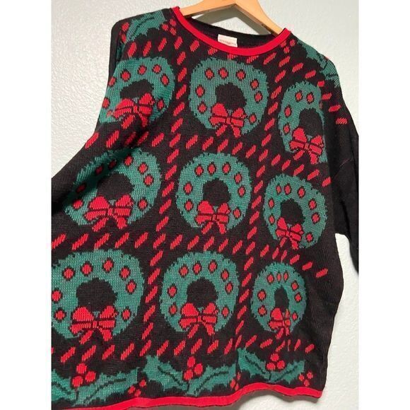 Holiday Time Vintage Women's Wreath‎ Black Sweater 18W/20W - Picture 4 of 9